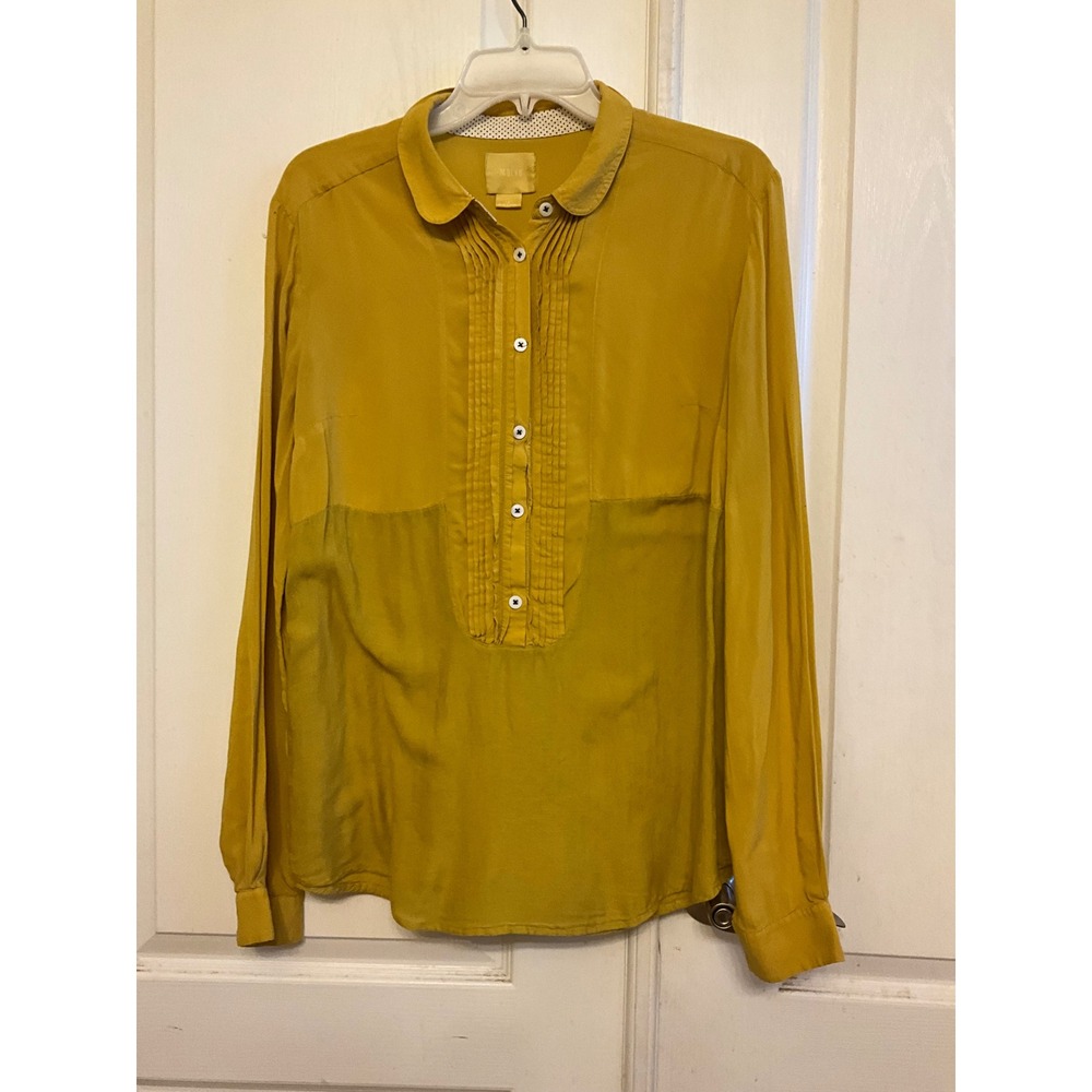 Maeve Anthropologie Mustard Yellow Pleated Bib Peter Pan Collar Blouse Size 14